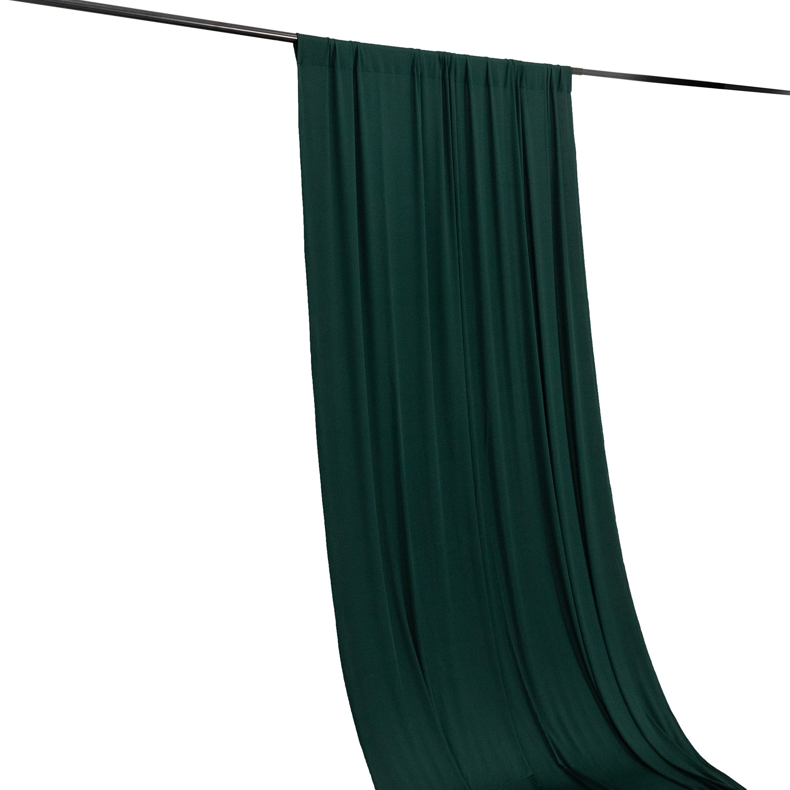 Hunter emerald green stretch spandex event curtain drapes on a rod.