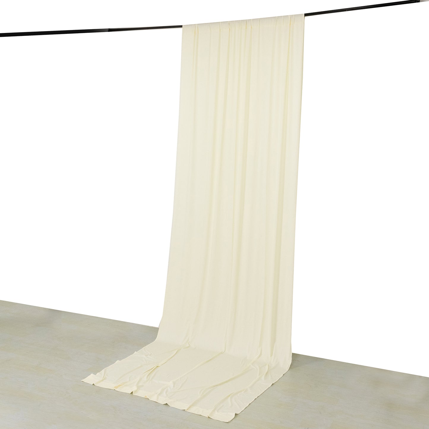 Ivory 4-way stretch spandex event curtain drape hanging on a rod.