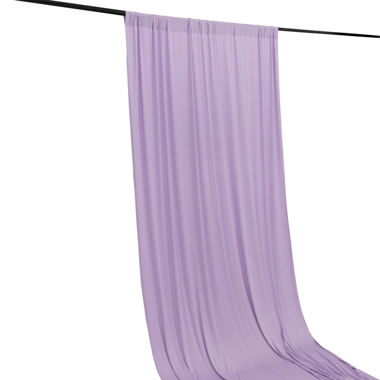 Lavender 4-way stretch spandex event curtain drapes with rod pockets.