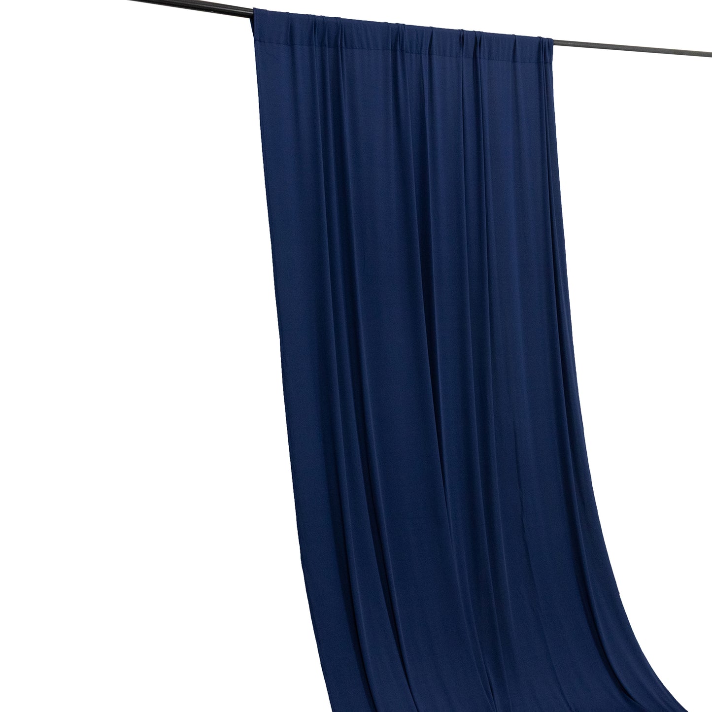 Navy blue 4-way stretch spandex event curtain drapes with rod pockets.