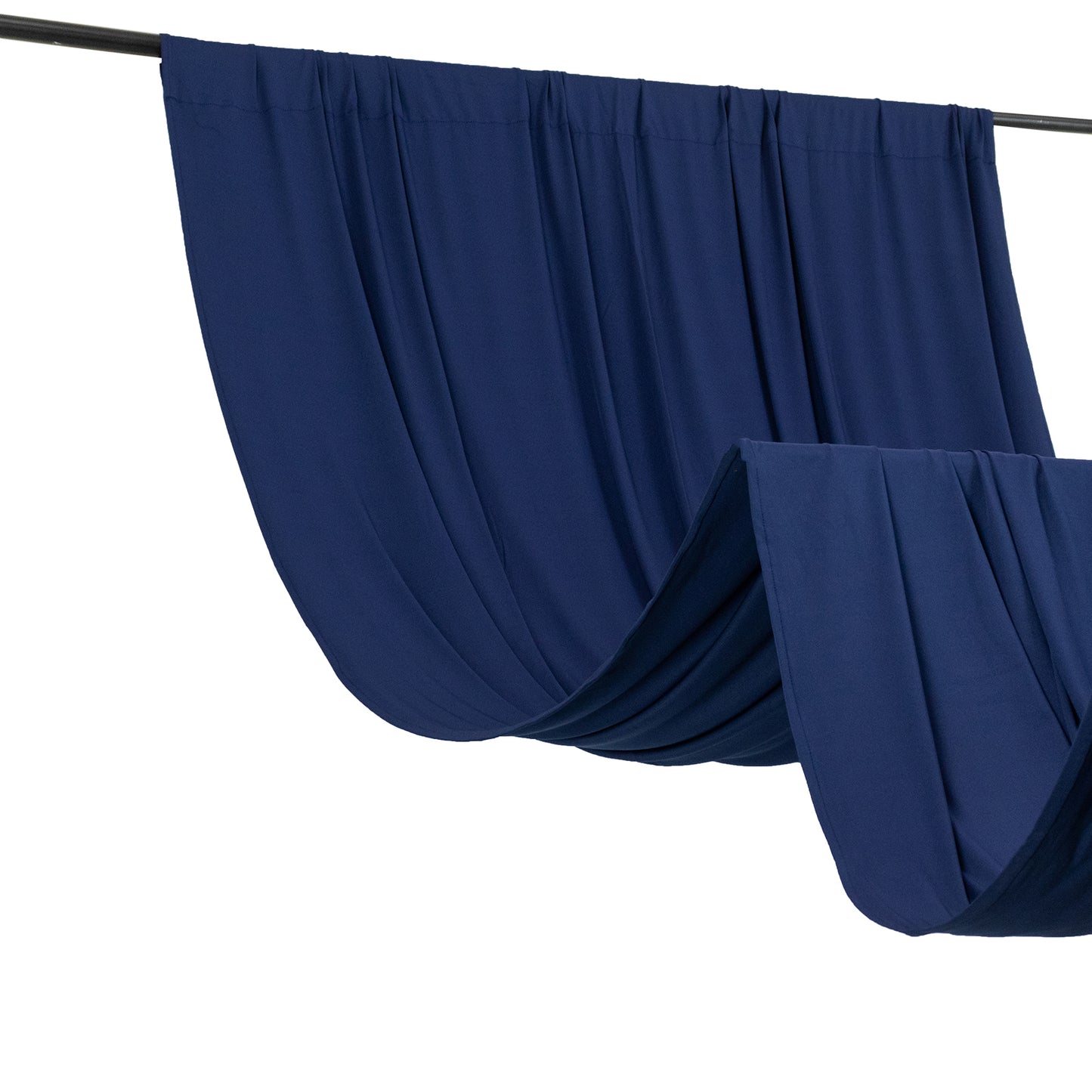 Navy blue 4-way stretch spandex event curtain drapes with rod pockets.