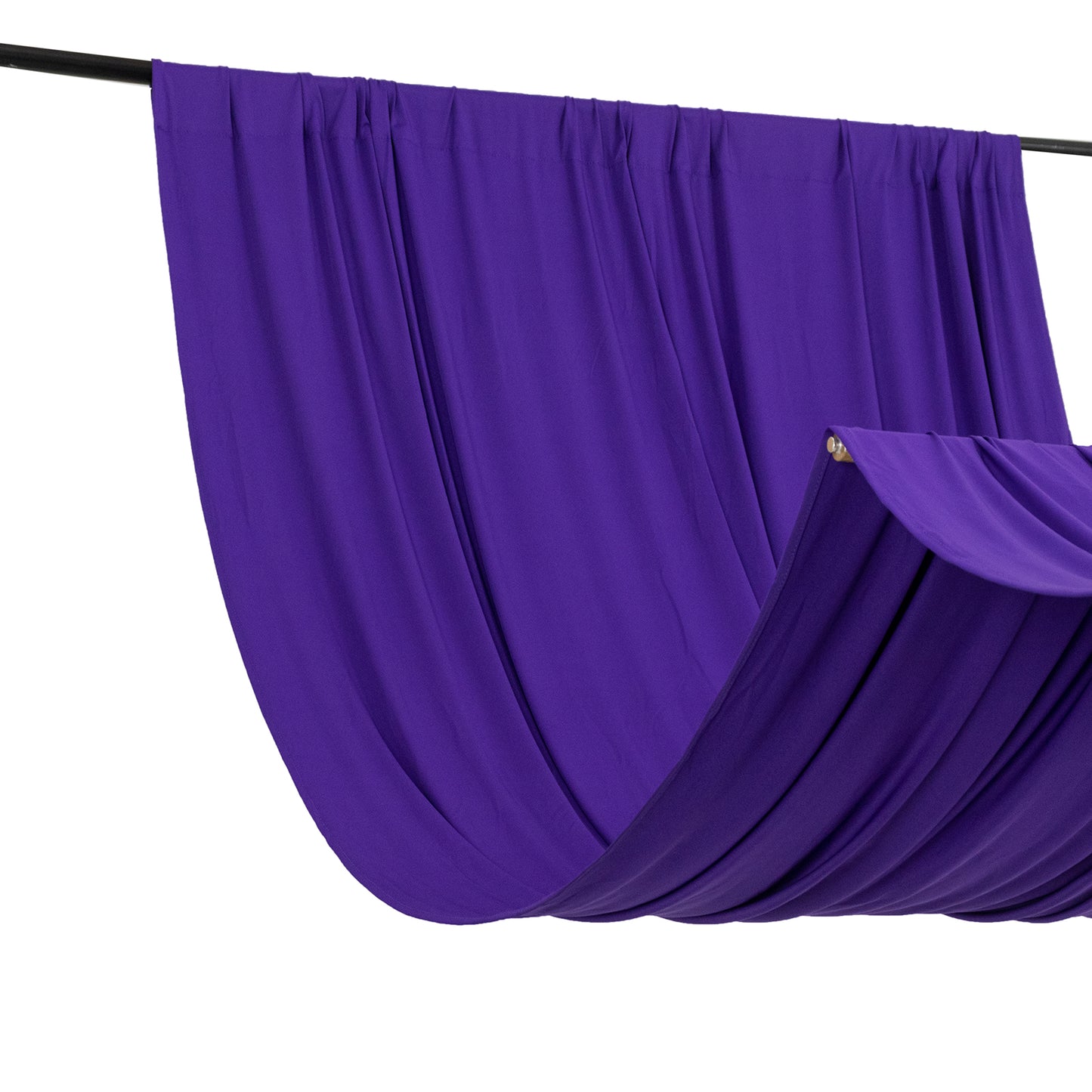 Purple 4-way stretch spandex curtain drapes with rod pockets, wrinkle-free backdrop.