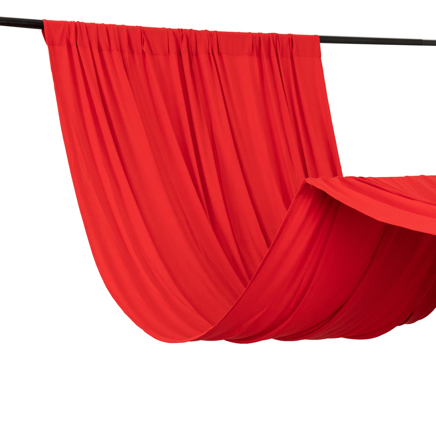 Red 4-way stretch spandex event curtain drapes for backdrop use.