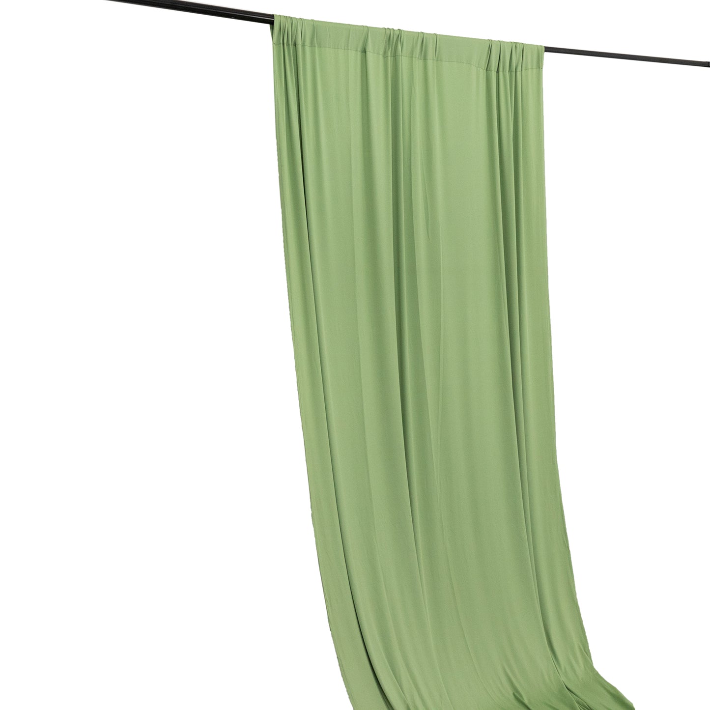 Sage green 4-way stretch spandex event curtain drapes on a rod.