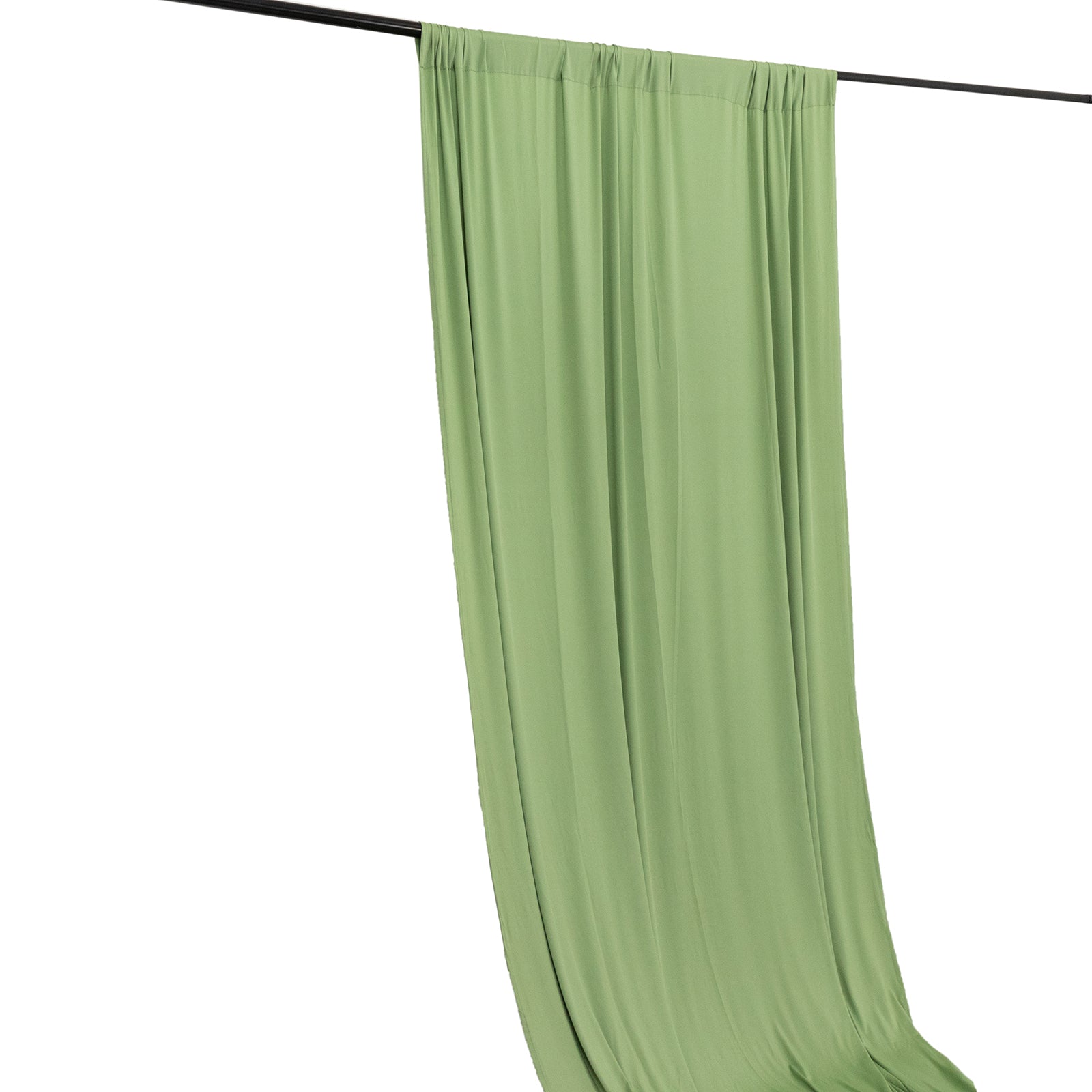 Sage green 4-way stretch spandex event curtain drapes on a rod.