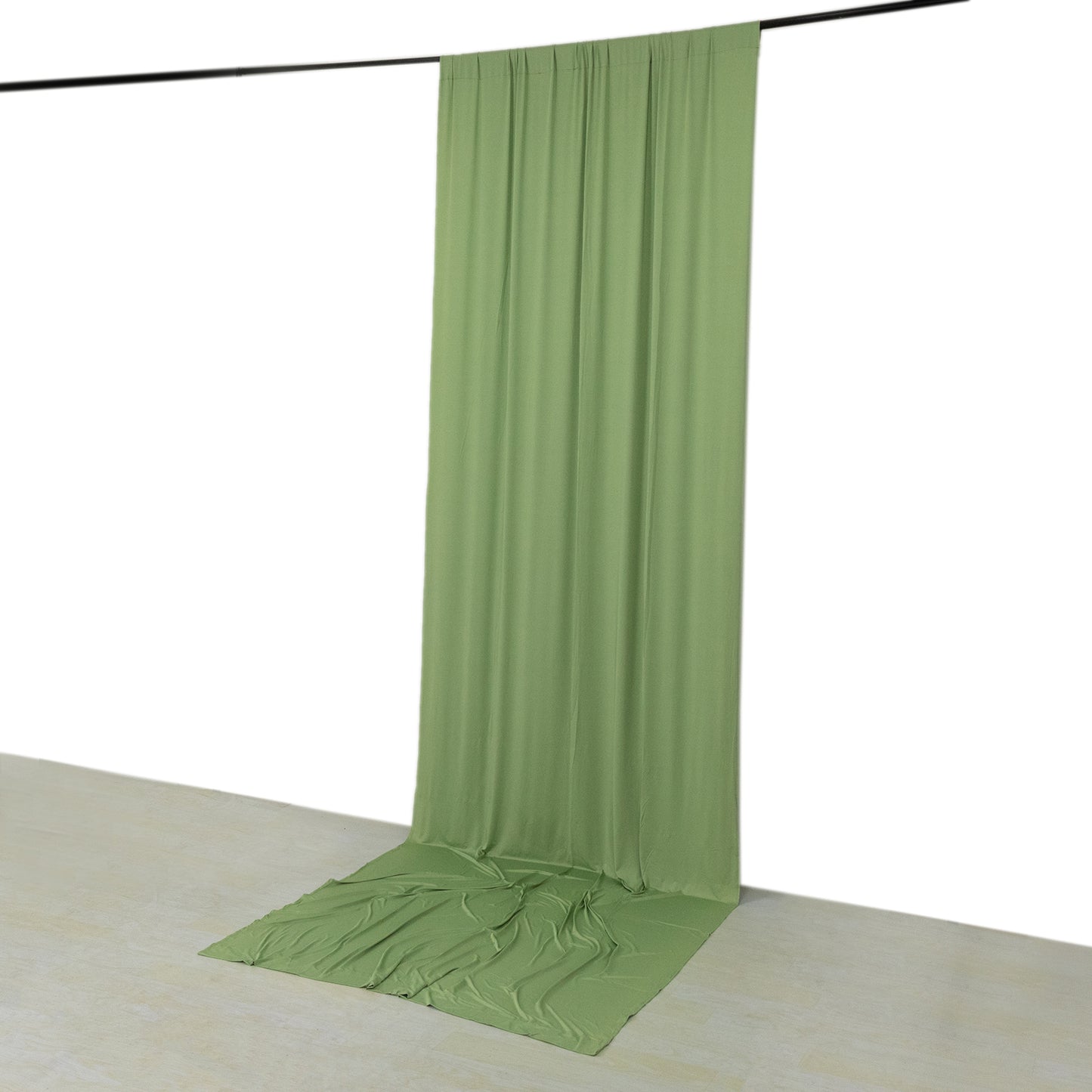 Sage green 4-way stretch spandex event curtain drapes, wrinkle-free backdrop.