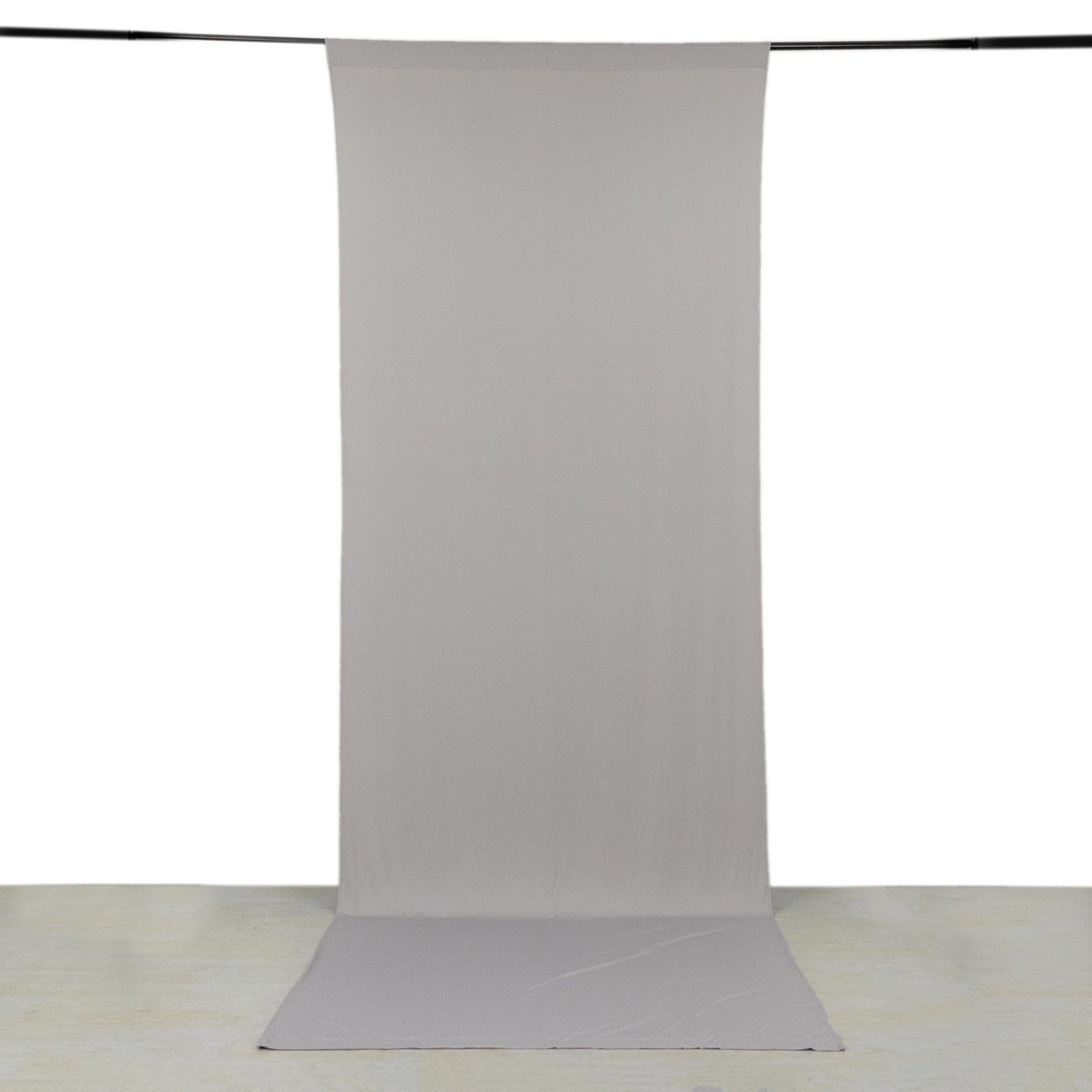 Silver 4-way stretch spandex event curtain drapes backdrop panel.