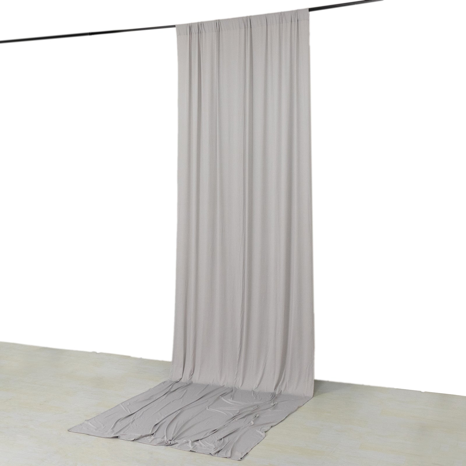 Silver 4-way stretch spandex event curtain drapes for backdrop use.