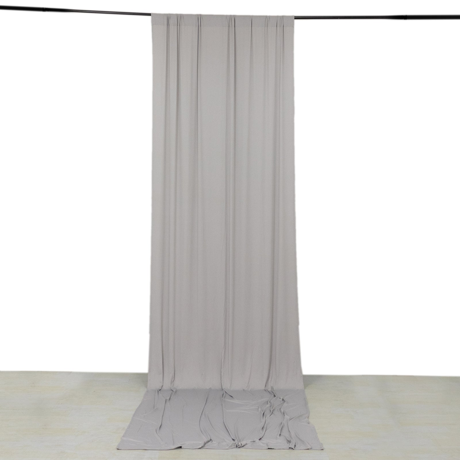 Silver 4-way stretch spandex event curtain drapes, wrinkle-free backdrop panel.