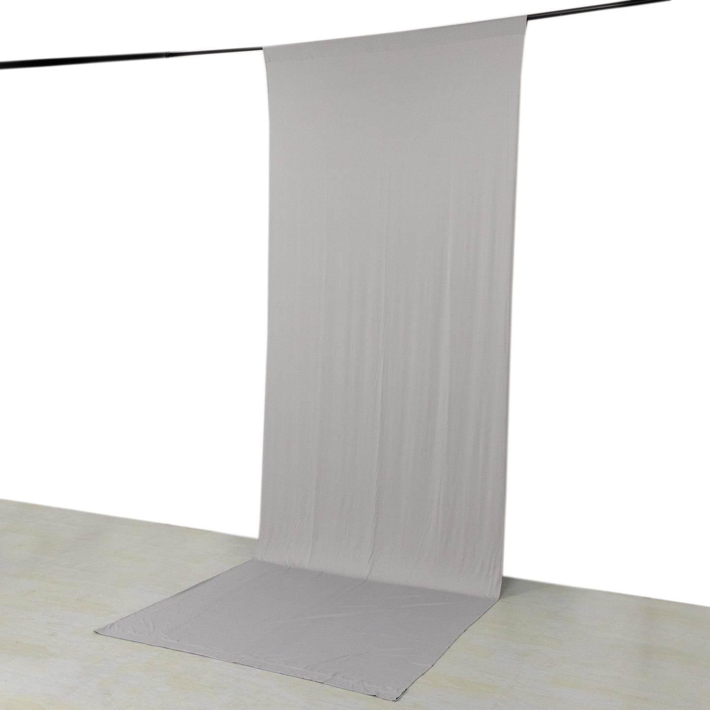 Silver 4-way stretch spandex event curtain drapes backdrop panel.
