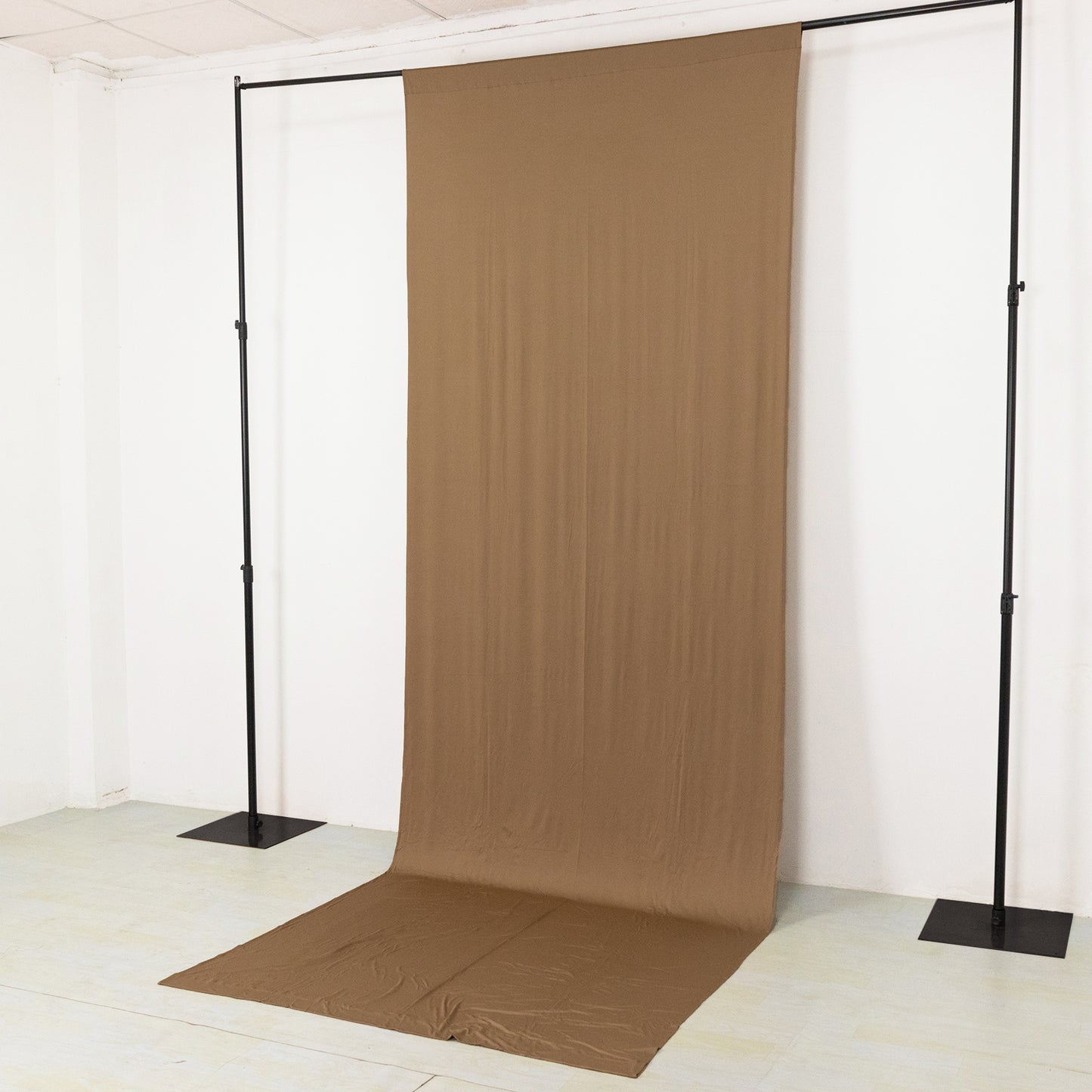 Taupe 4-way stretch spandex event curtain drapes, wrinkle-free backdrop panel.