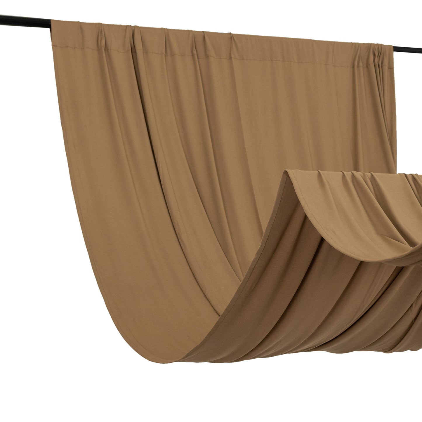 Taupe 4-way stretch spandex event curtain drapes, wrinkle-free backdrop.