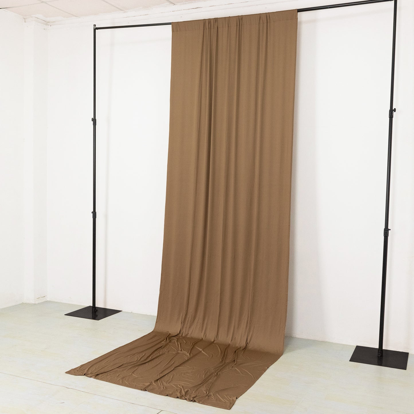 Taupe 4-way stretch spandex event curtain drapes, wrinkle-free backdrop panel.