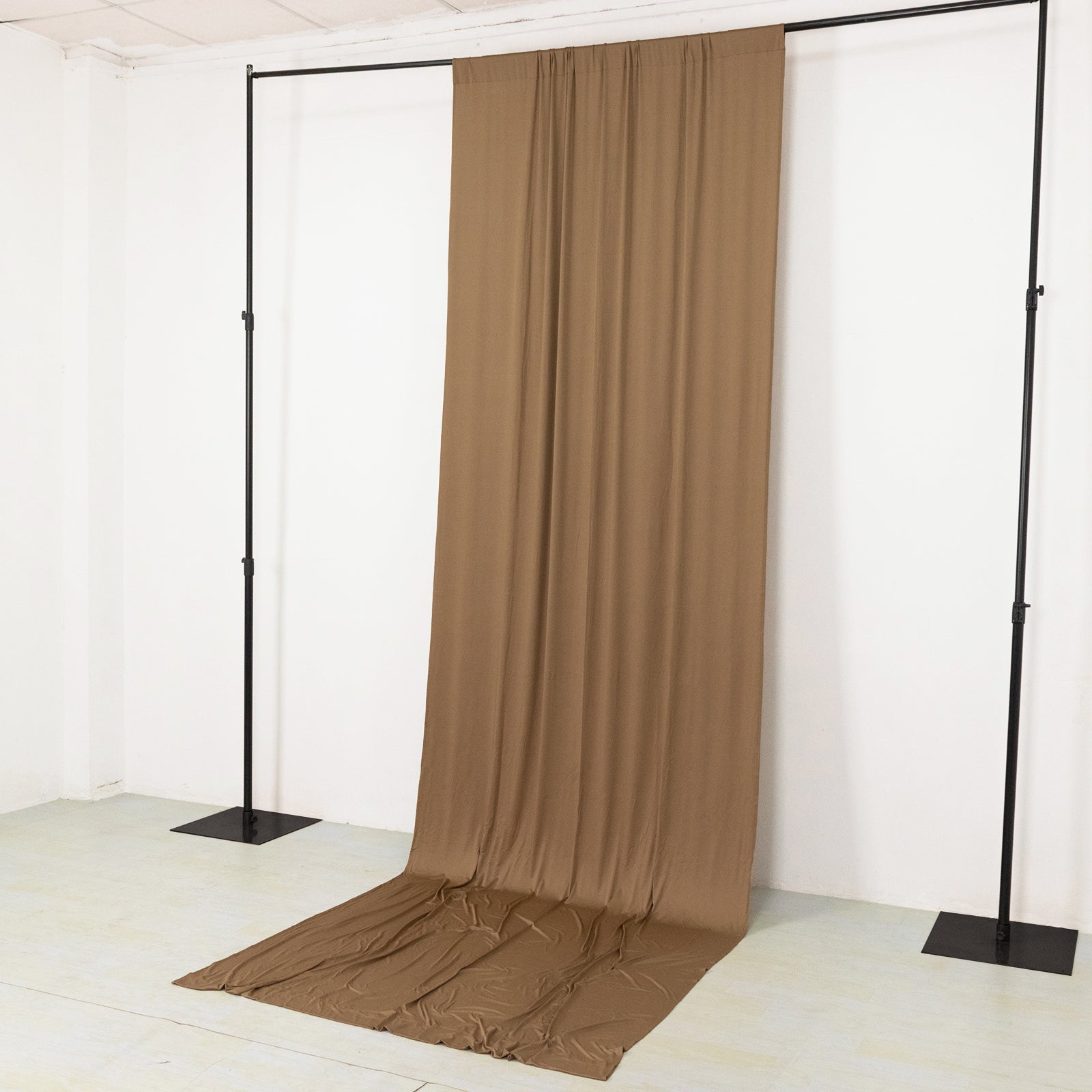 Taupe 4-way stretch spandex event curtain drapes, wrinkle-free backdrop panel.
