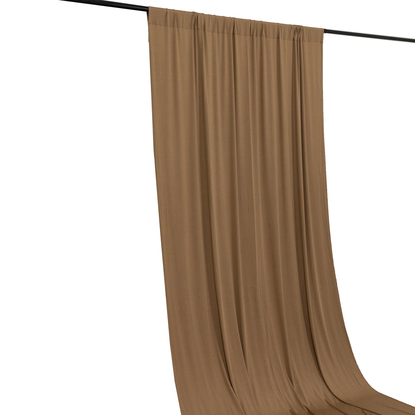 Taupe 4-way stretch spandex event curtain drapes with rod pockets.