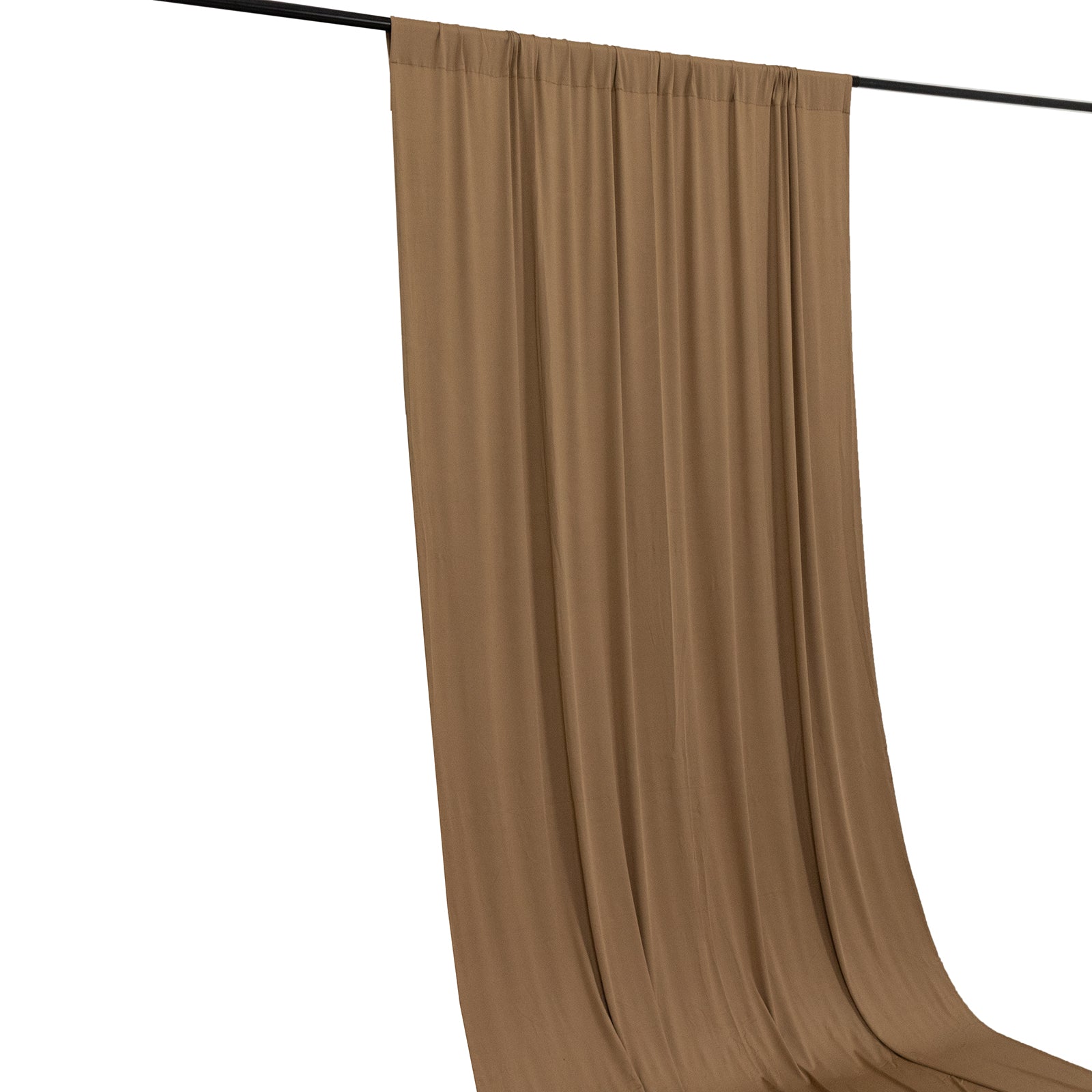 Taupe 4-way stretch spandex event curtain drapes with rod pockets.