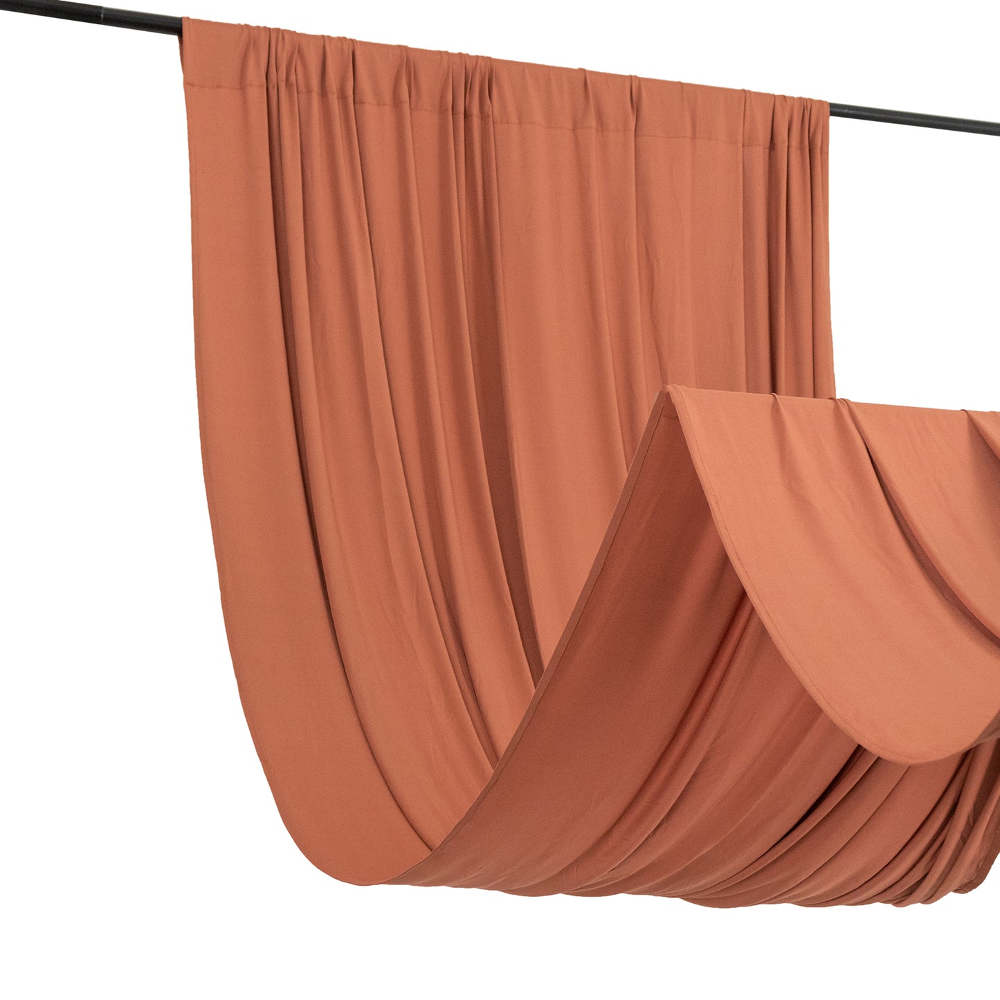 Terracotta 4-way stretch spandex event curtain drapes, wrinkle-free backdrop.
