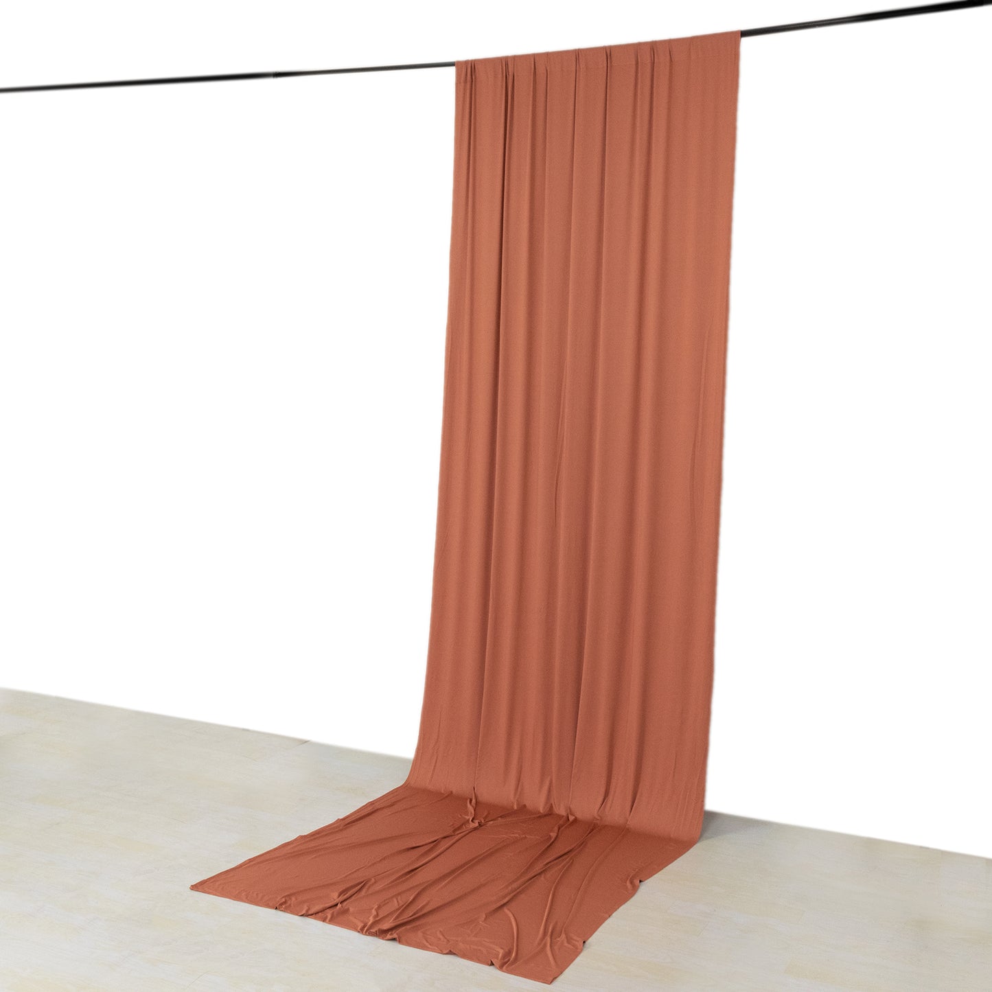 Terracotta 4-way stretch spandex event curtain drapes, wrinkle-free backdrop.