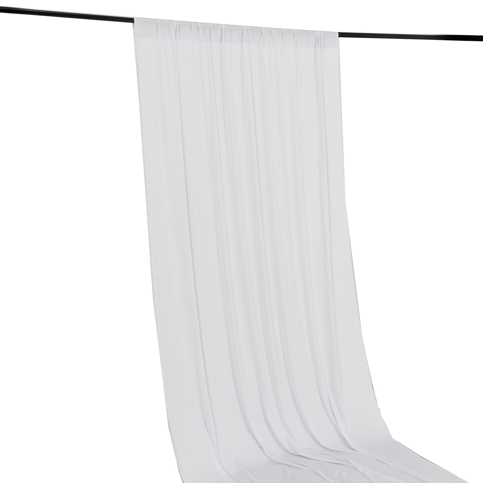 White 4-way stretch spandex event curtain drapes on a rod.