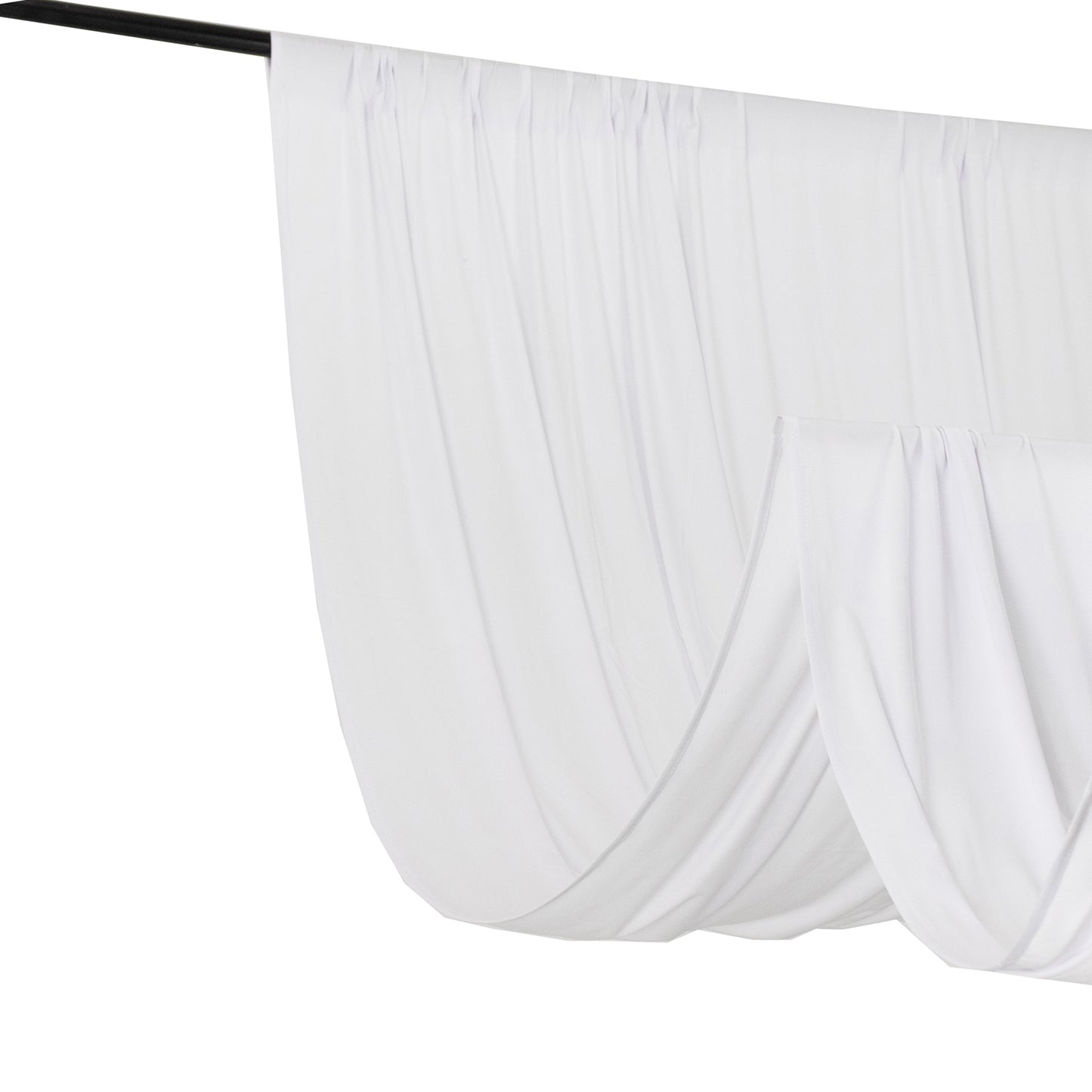White 4-way stretch spandex event curtain drapes with rod pockets.