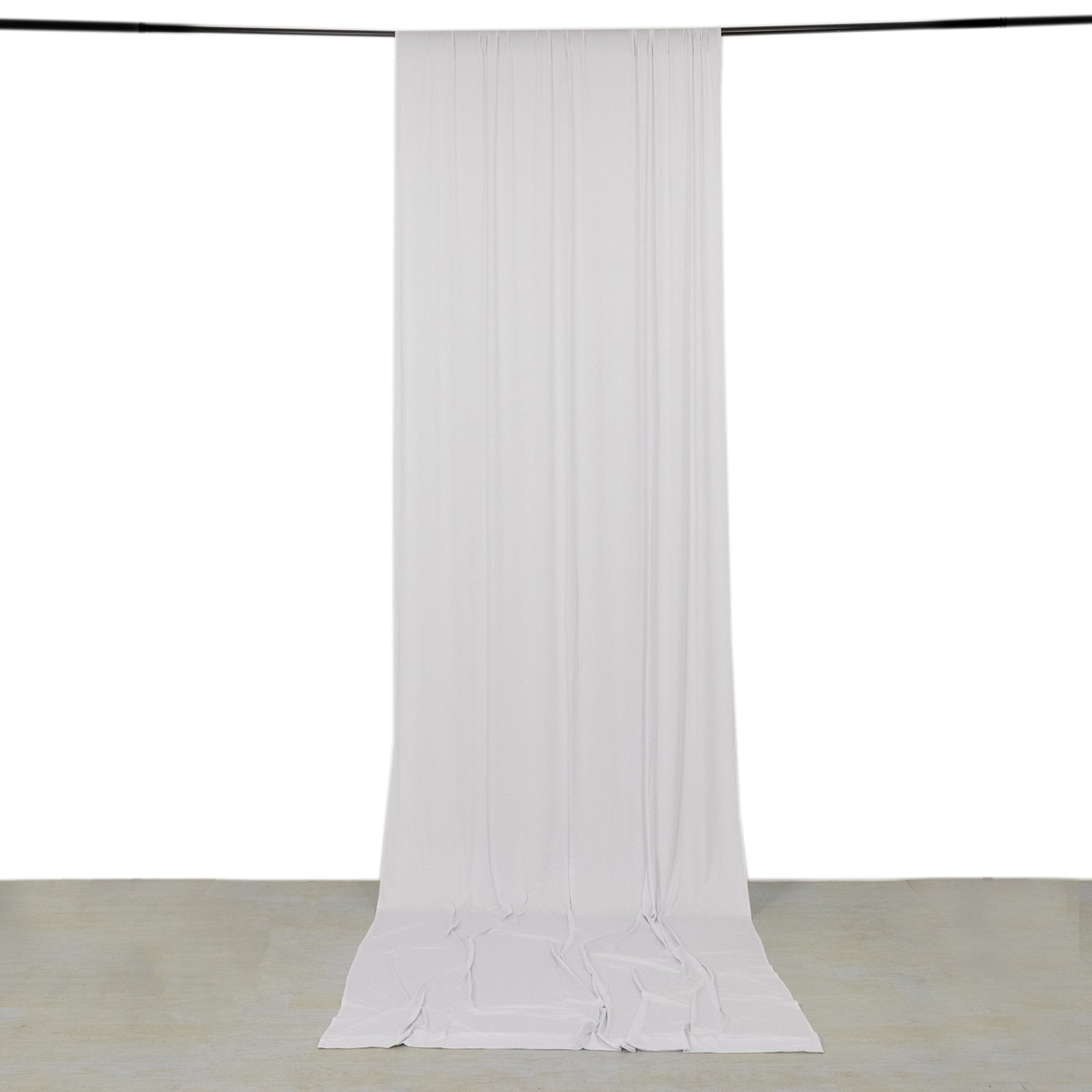 White 4-way stretch spandex event curtain drapes, wrinkle-free backdrop.