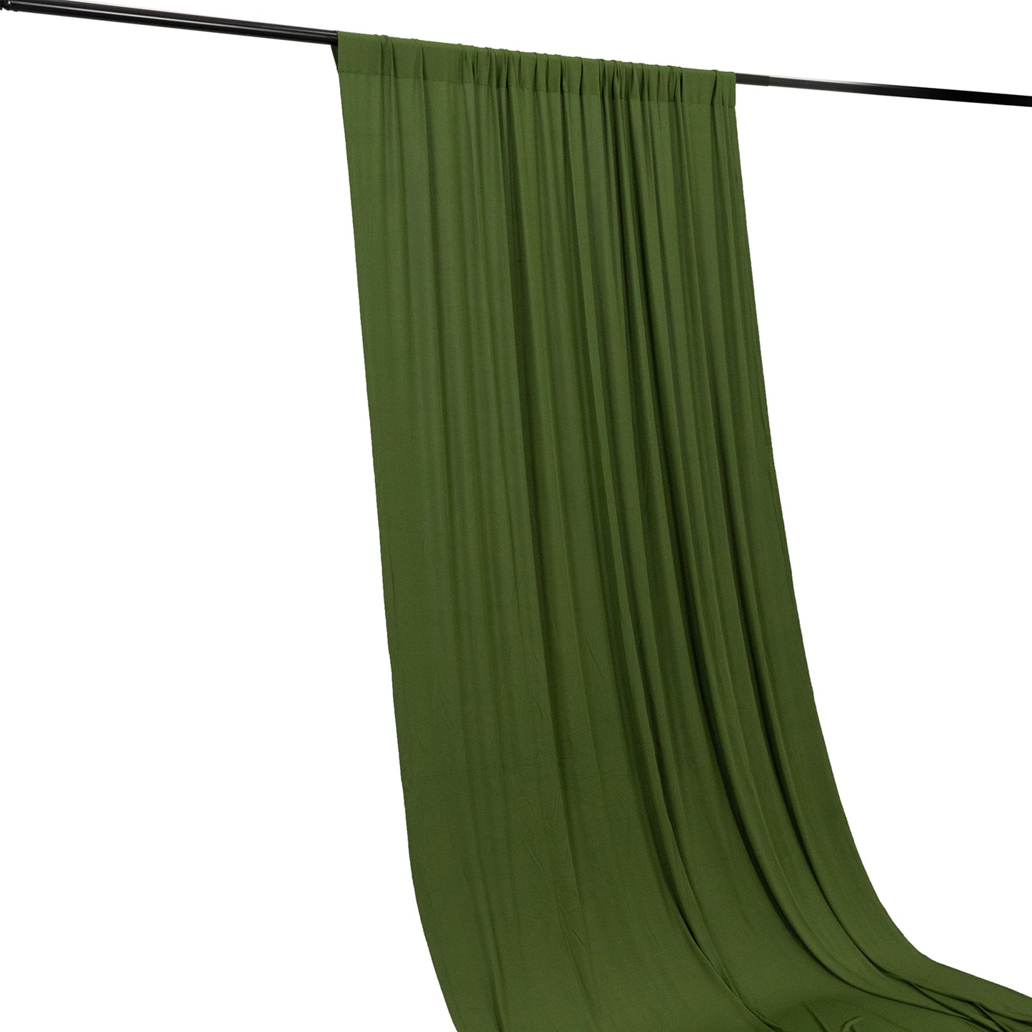 Olive green 4-way stretch spandex event curtain drapes with rod pockets.