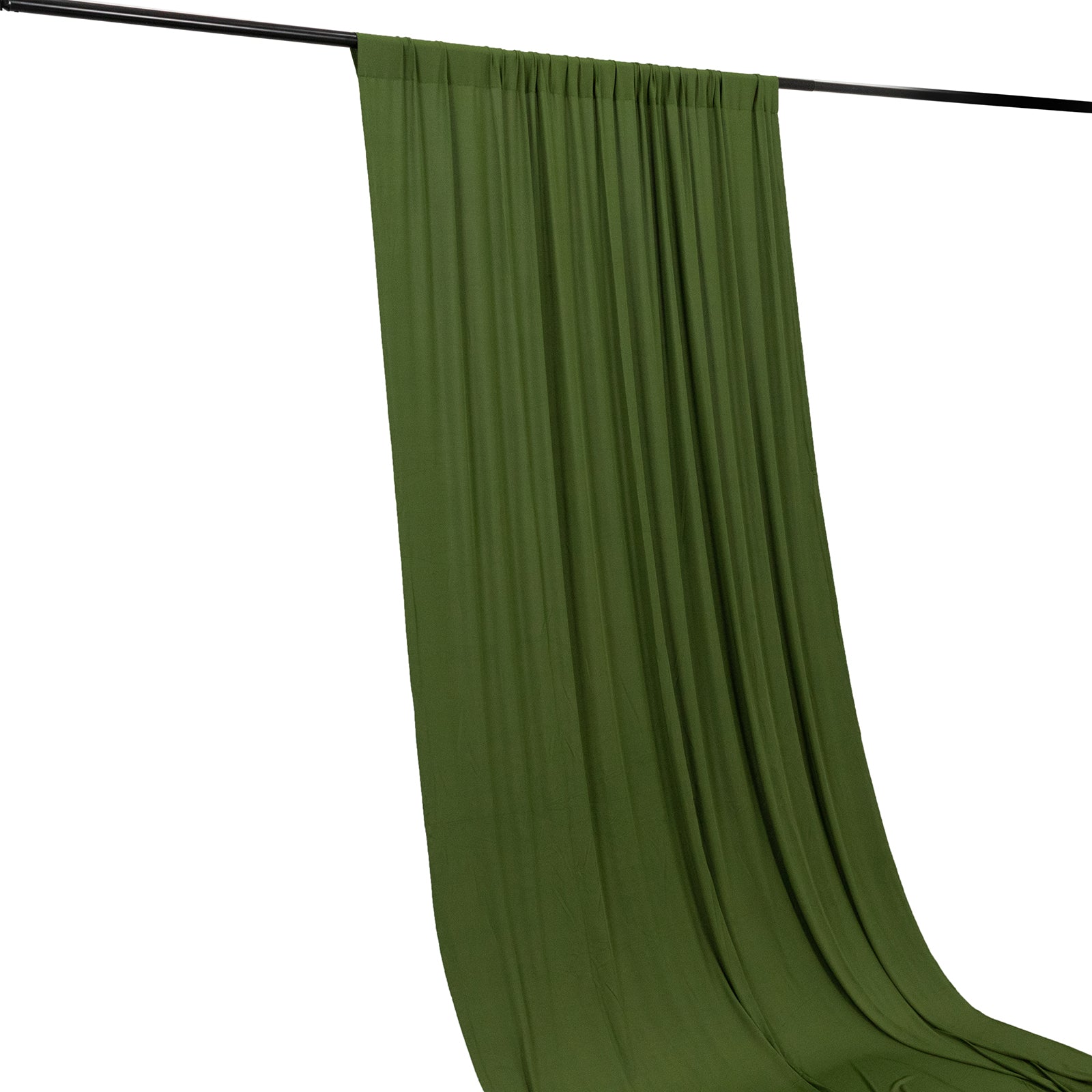 Olive green 4-way stretch spandex event curtain drapes with rod pockets.