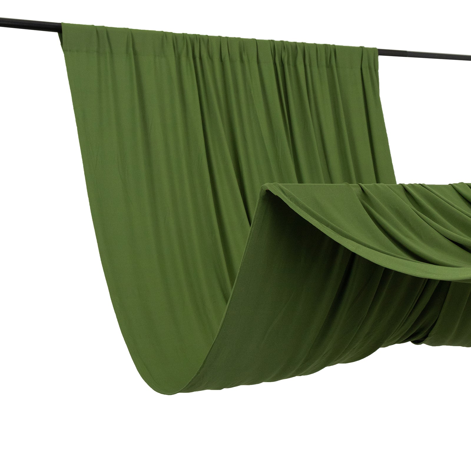 Olive green 4-way stretch spandex event curtain drapes on a rod.