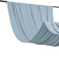 Dusty blue 4-way stretch spandex event curtain drapes hanging from a rod.
