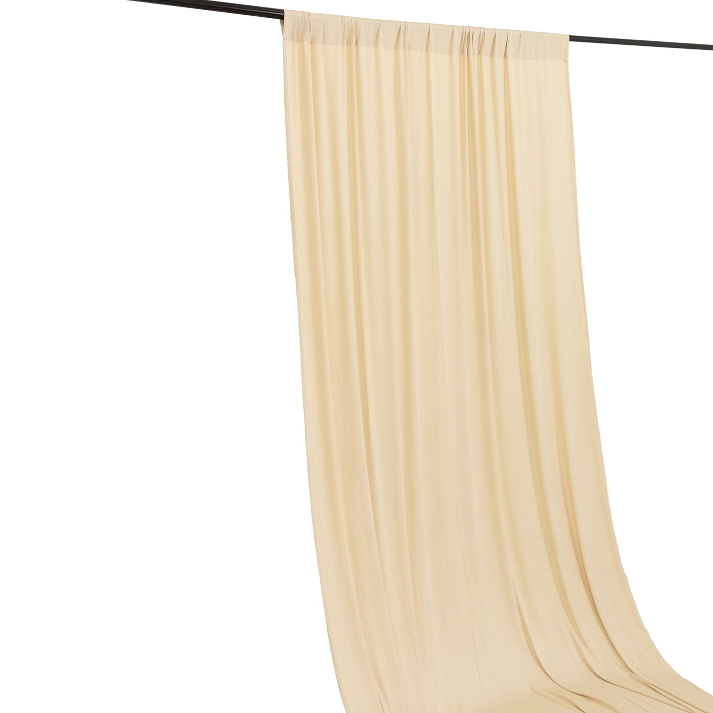 Beige 4-way stretch spandex event curtain drapes on a rod.