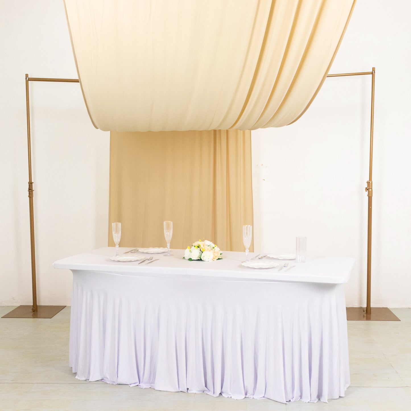 Beige 4-way stretch spandex event curtain drapes backdrop panel.