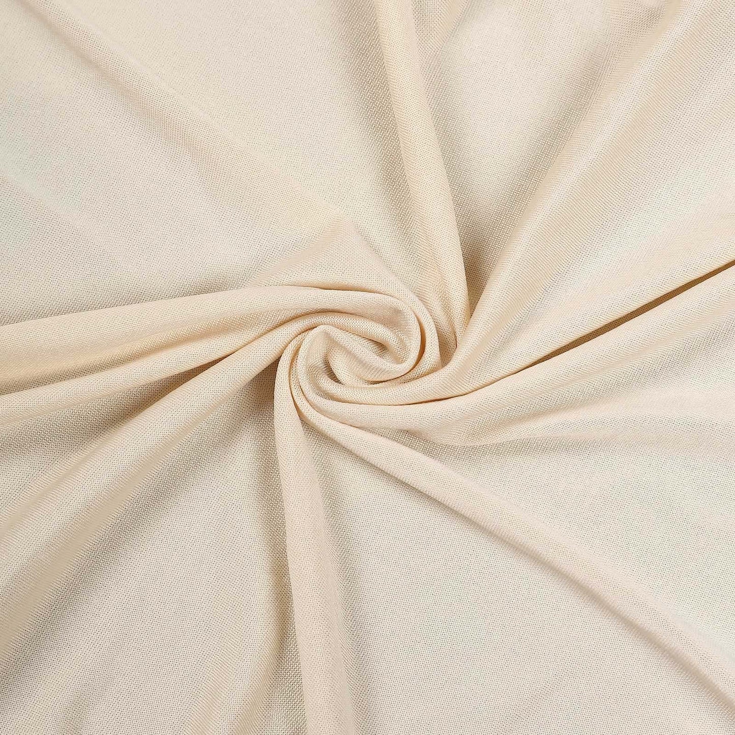 Beige 4-way stretch spandex event curtain drapes in a swirl pattern.