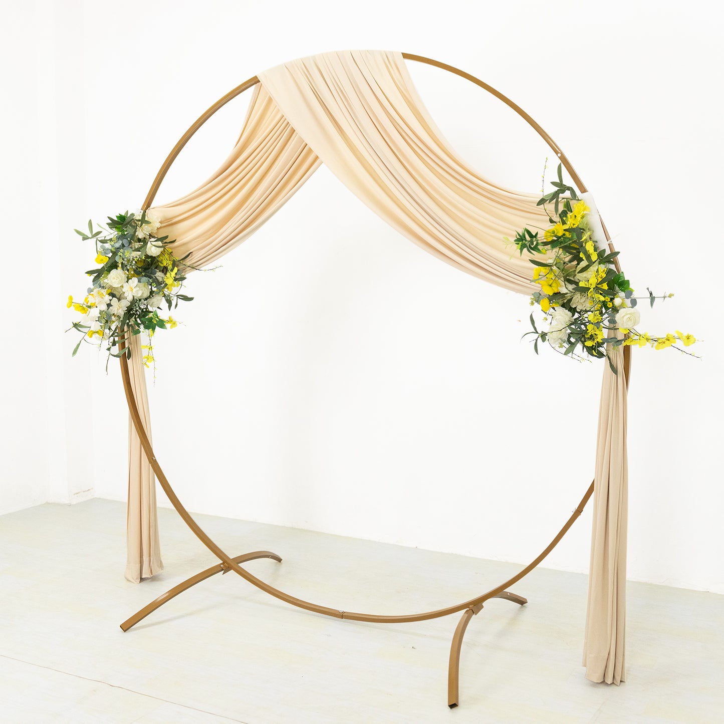 Beige 4-way stretch spandex event curtain drapes with floral accents.