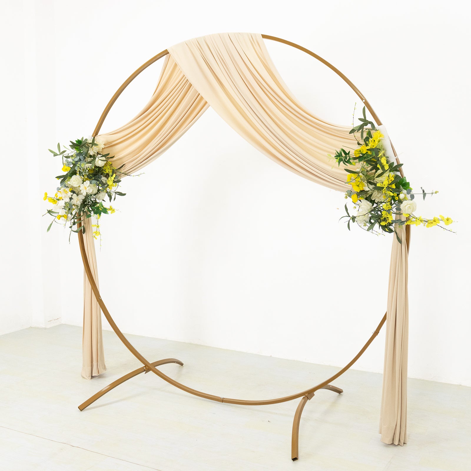 Beige 4-way stretch spandex event curtain drapes with floral accents.