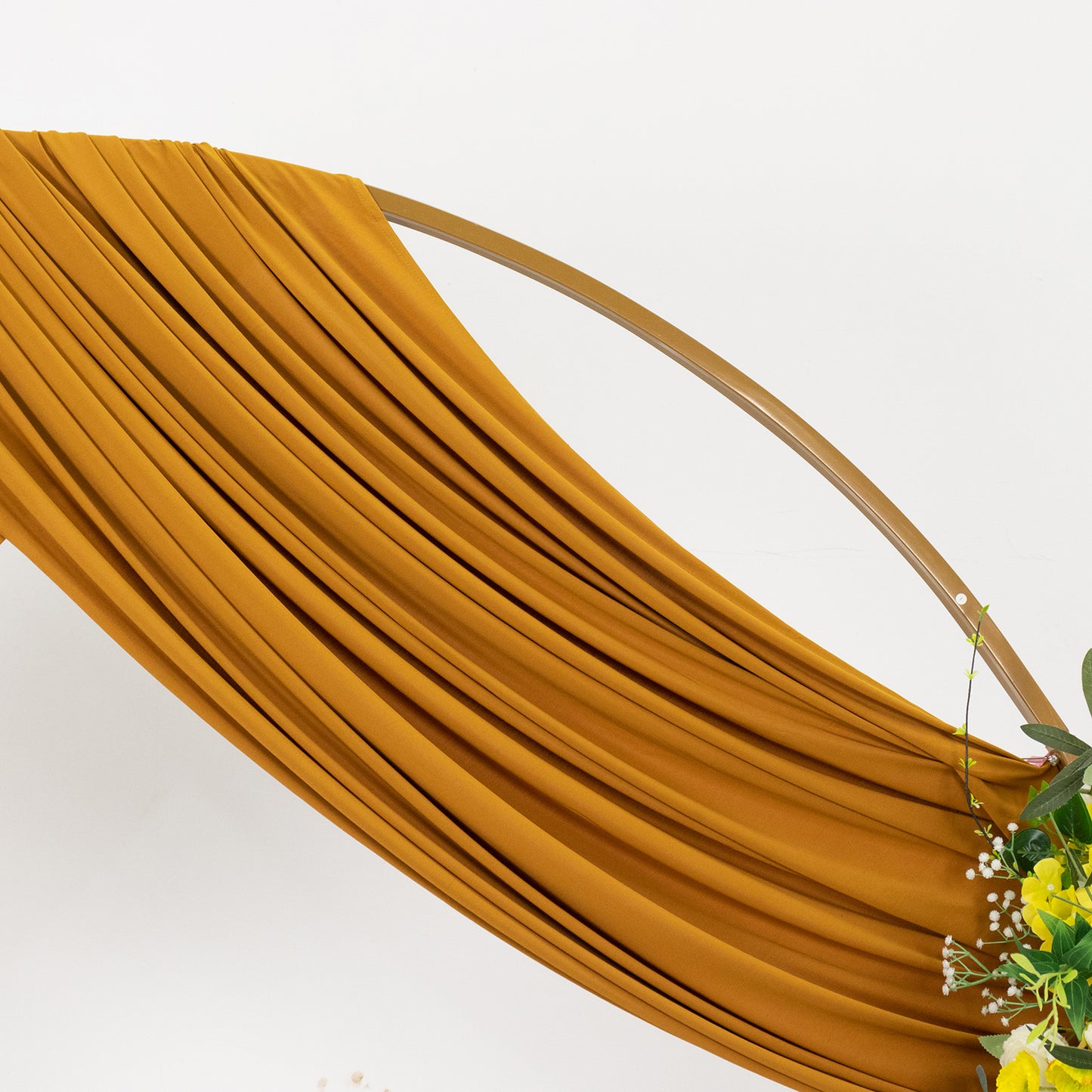 Gold 4-way stretch spandex event curtain drapes, wrinkle-free backdrop panel.