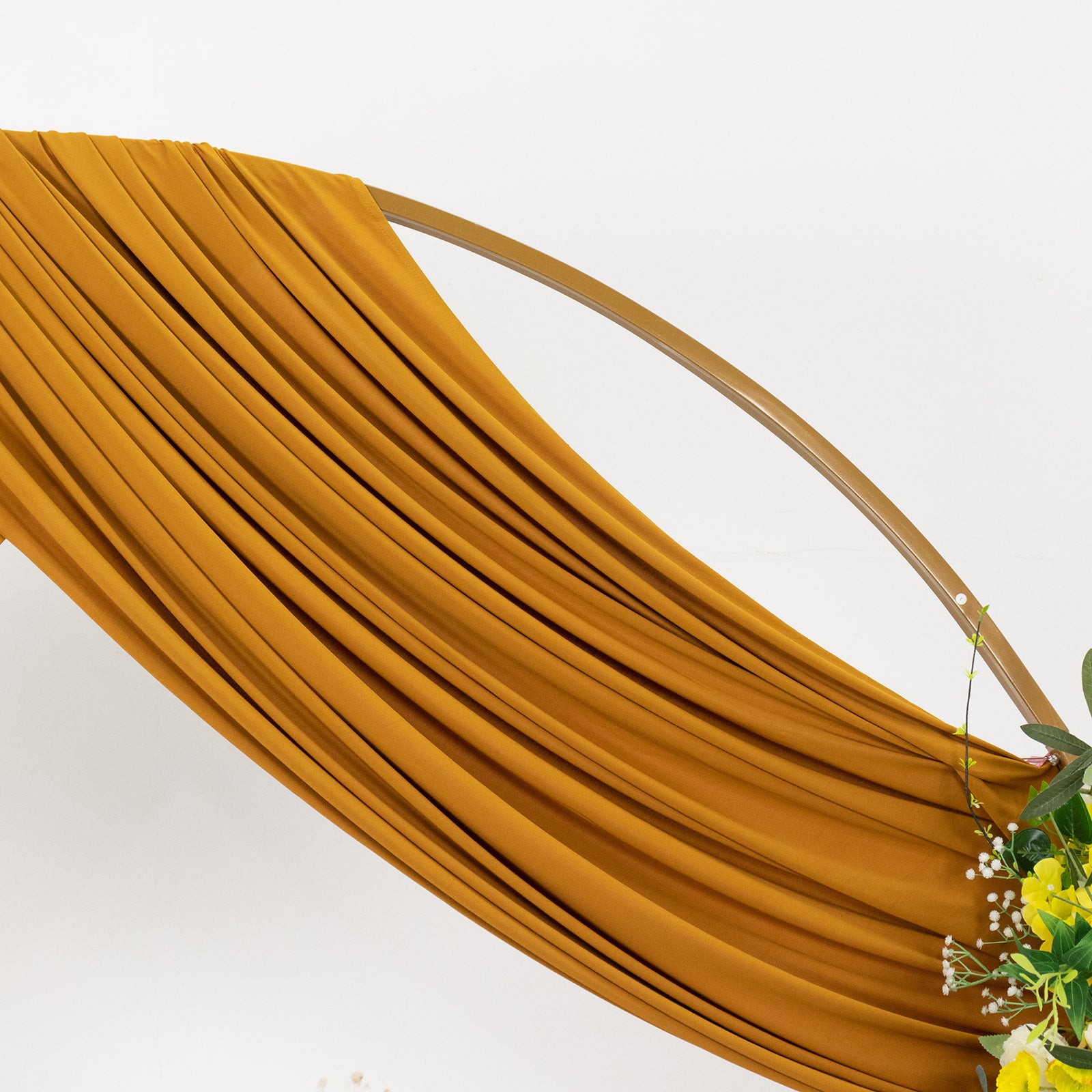 Gold 4-way stretch spandex event curtain drapes, wrinkle-free backdrop panel.