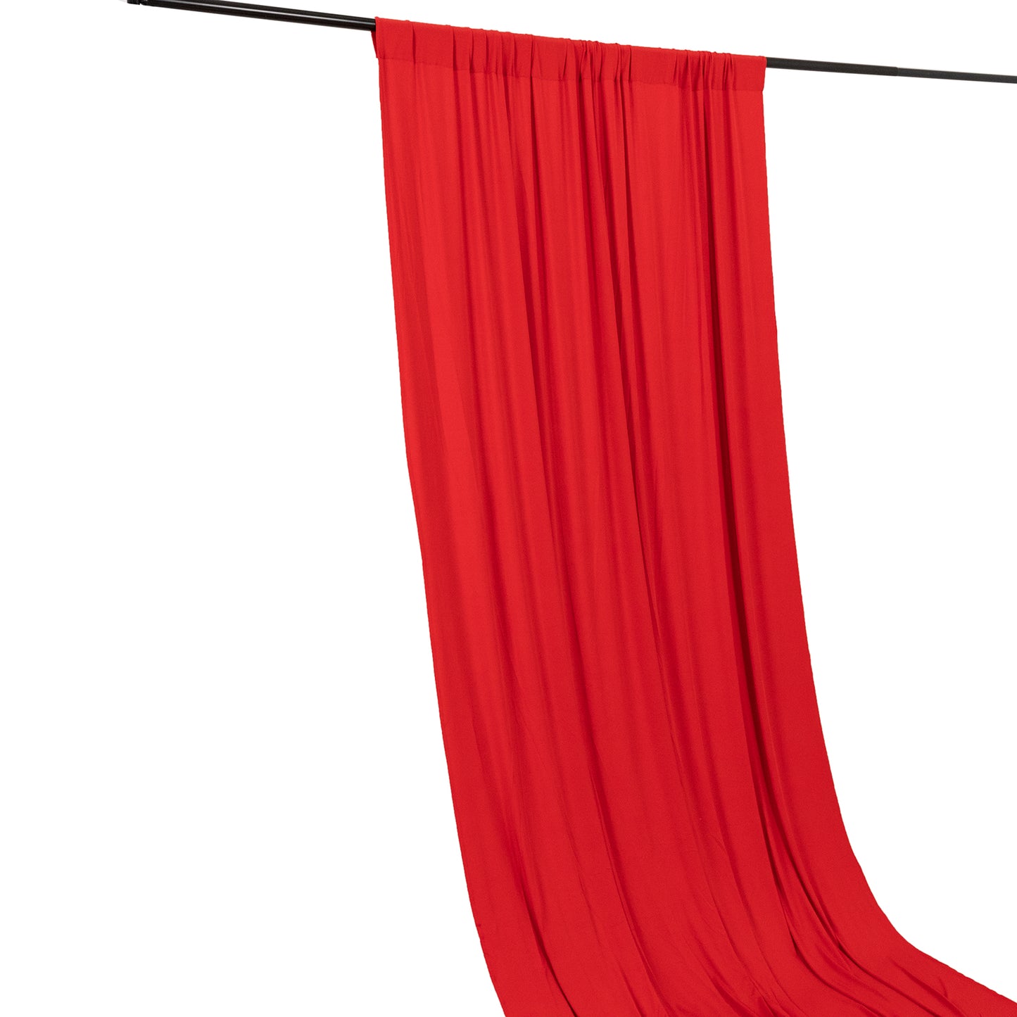 Red 4-way stretch spandex event curtain drape with rod pocket.