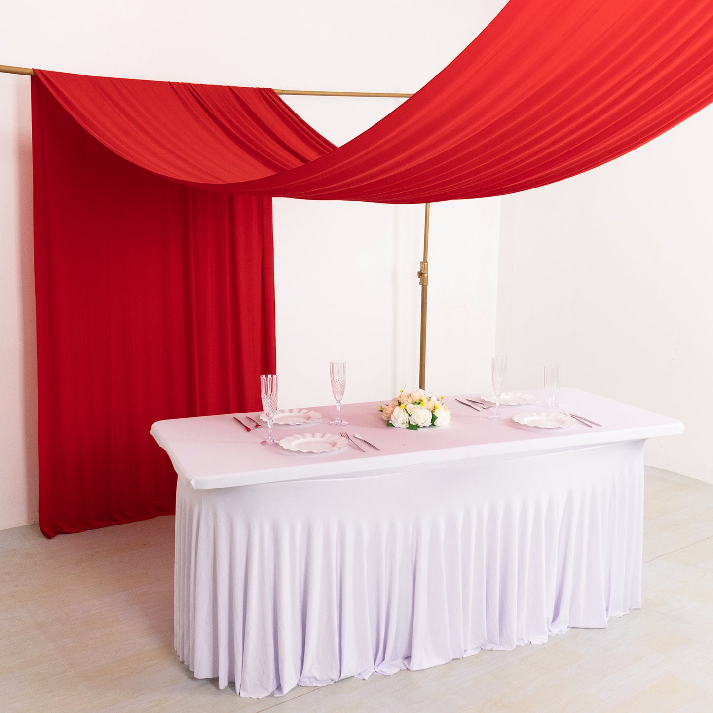 Red 4-way stretch spandex event curtain drapes backdrop panel.