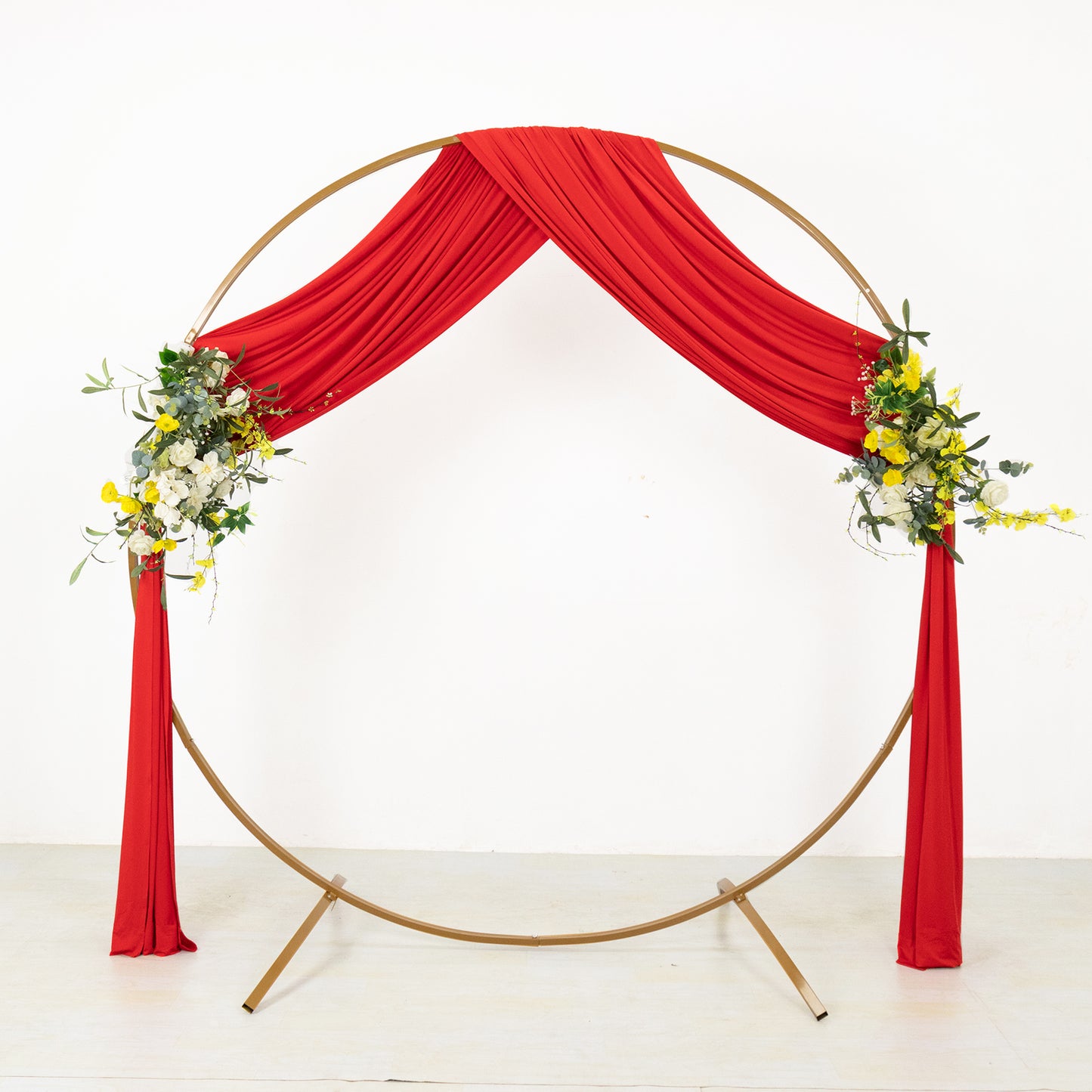 Red 4-way stretch spandex event curtain drapes with floral accents.
