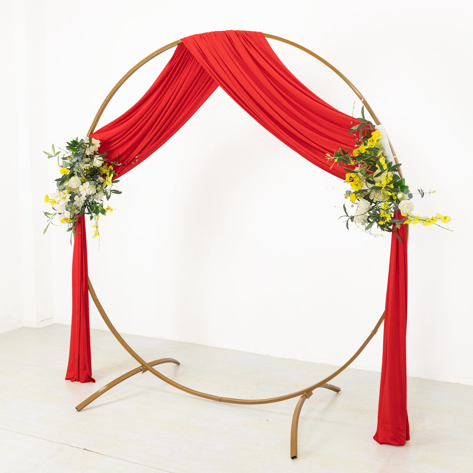 Red 4-way stretch spandex backdrop drapes with floral accents and rod pockets.