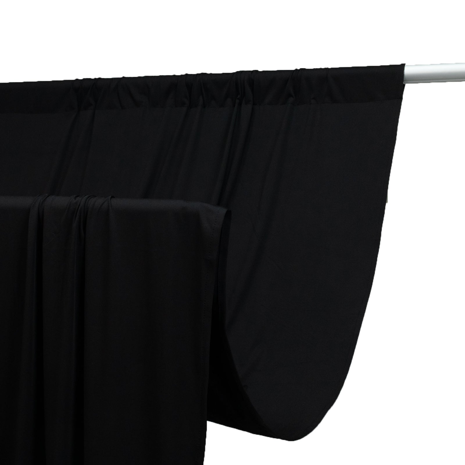 Black 4-way stretch spandex curtain drapes with rod pockets, wrinkle-free backdrop.