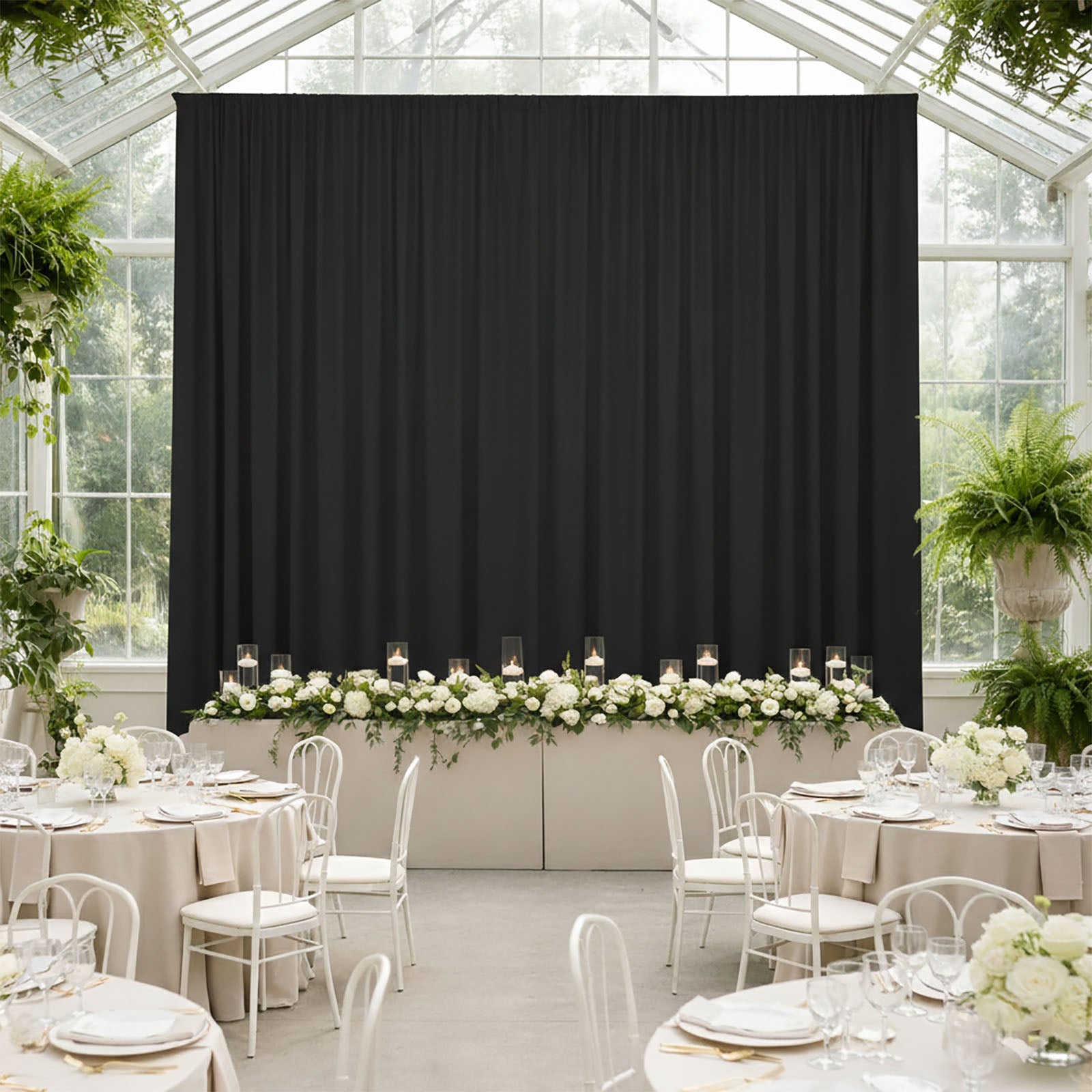 Black 4-way stretch spandex event curtain drapes backdrop panel.