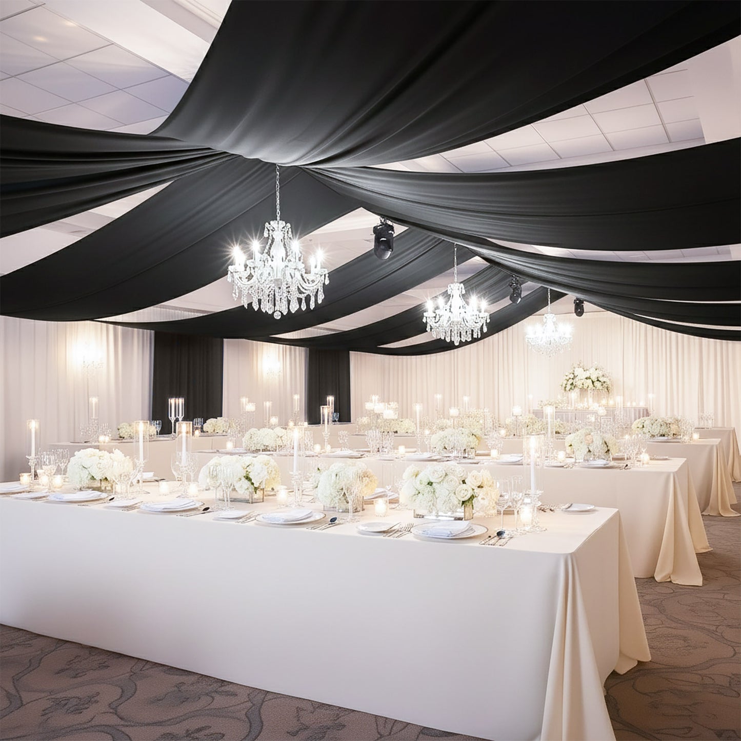 Black 4-way stretch spandex event curtain drapes backdrop panel.