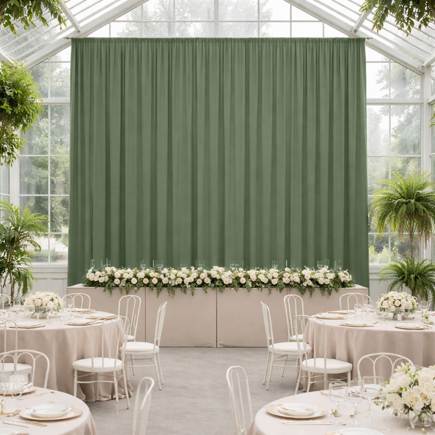 Dusty sage green 4-way stretch spandex event curtain drapes.