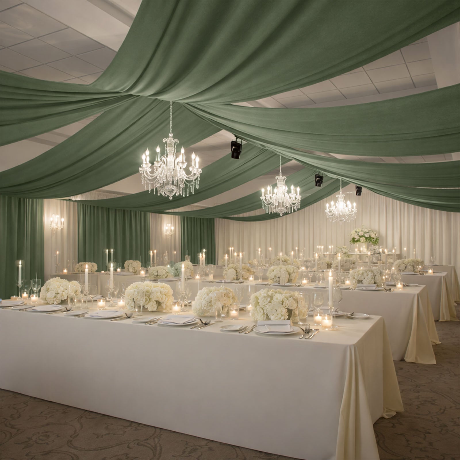 Dusty sage green 4-way stretch spandex event curtain drapes in an elegant setting.