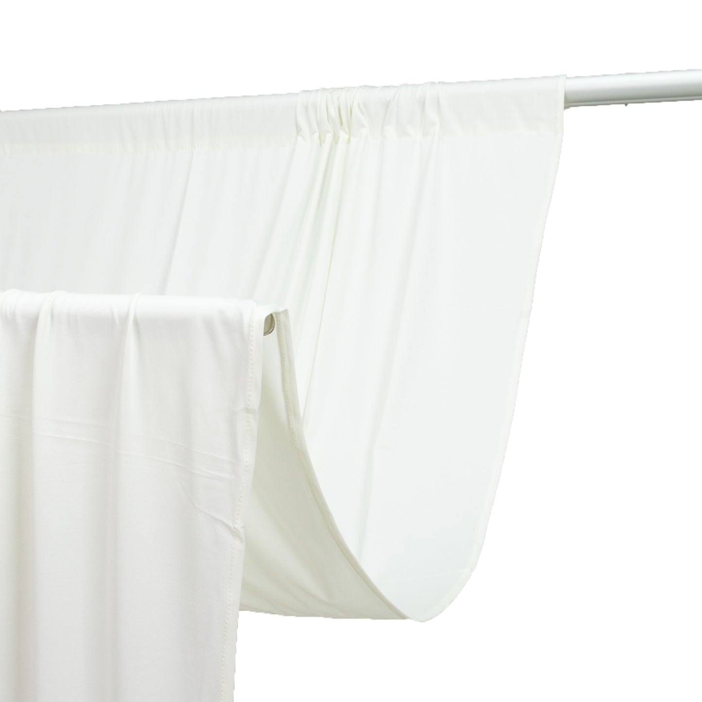 Ivory 4-way stretch spandex event curtain drapes hanging from a rod.