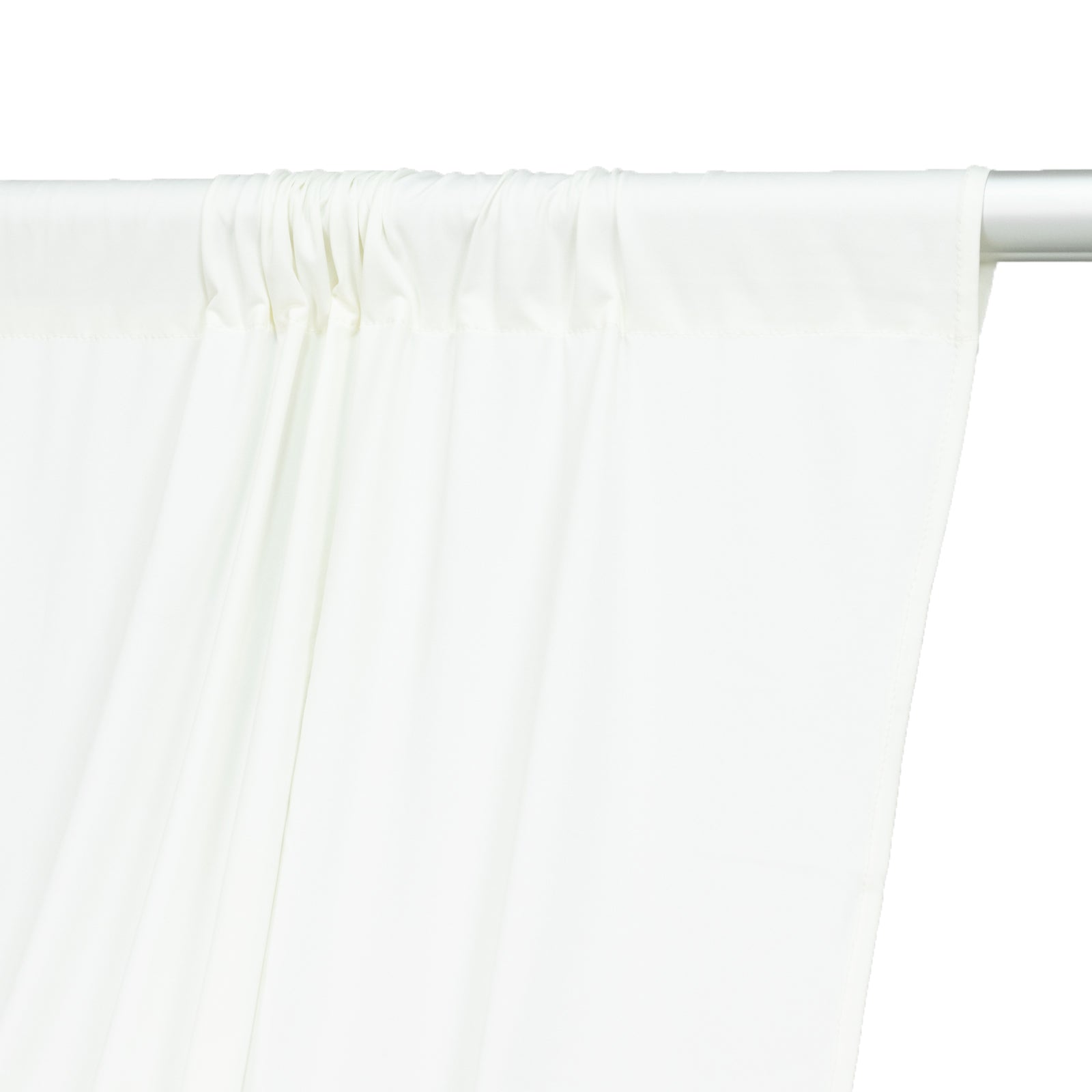 Ivory 4-way stretch spandex event curtain drapes with rod pockets.
