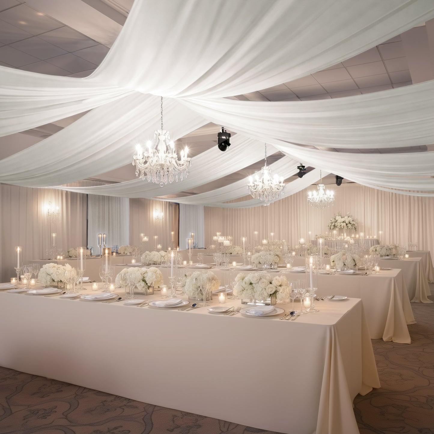 Ivory 4-way stretch spandex event curtain drapes for elegant backdrop.