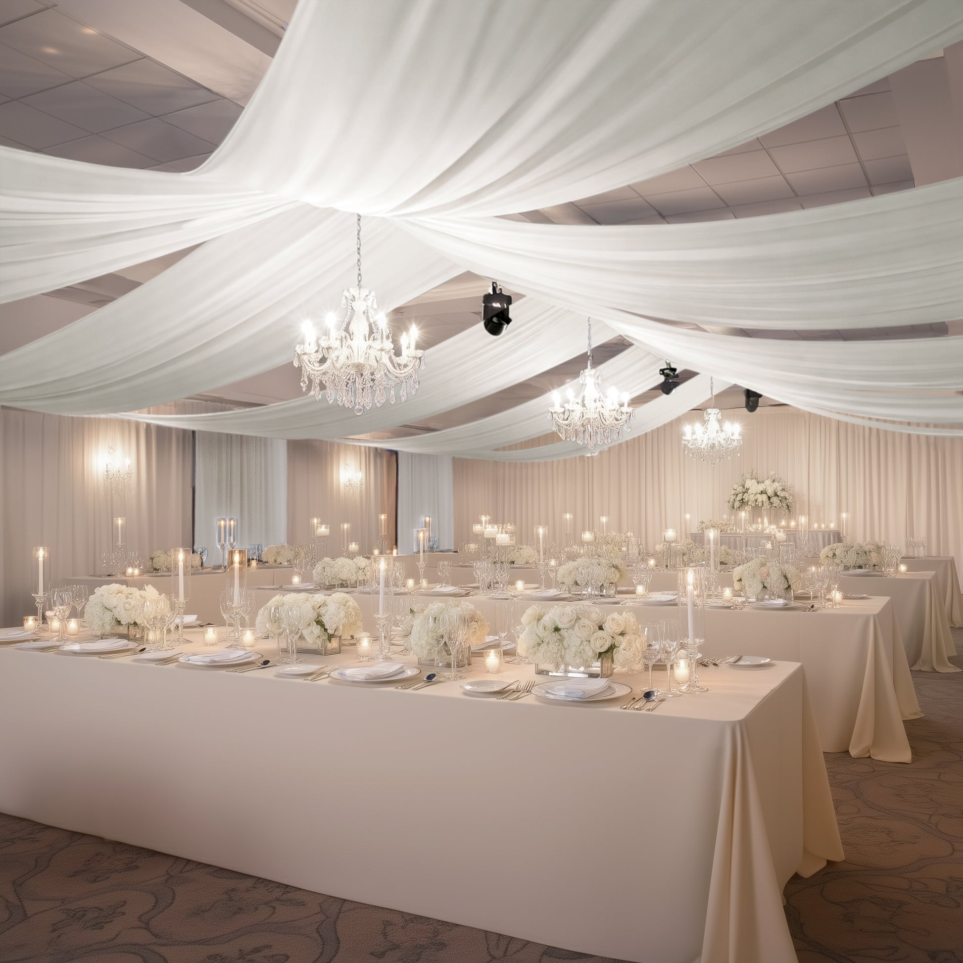 Ivory 4-way stretch spandex event curtain drapes for elegant backdrop.