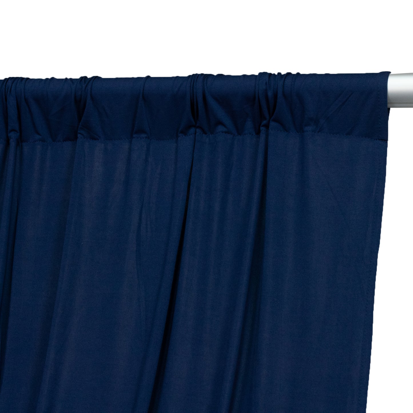 Navy blue 4-way stretch spandex event curtain drapes with rod pockets.